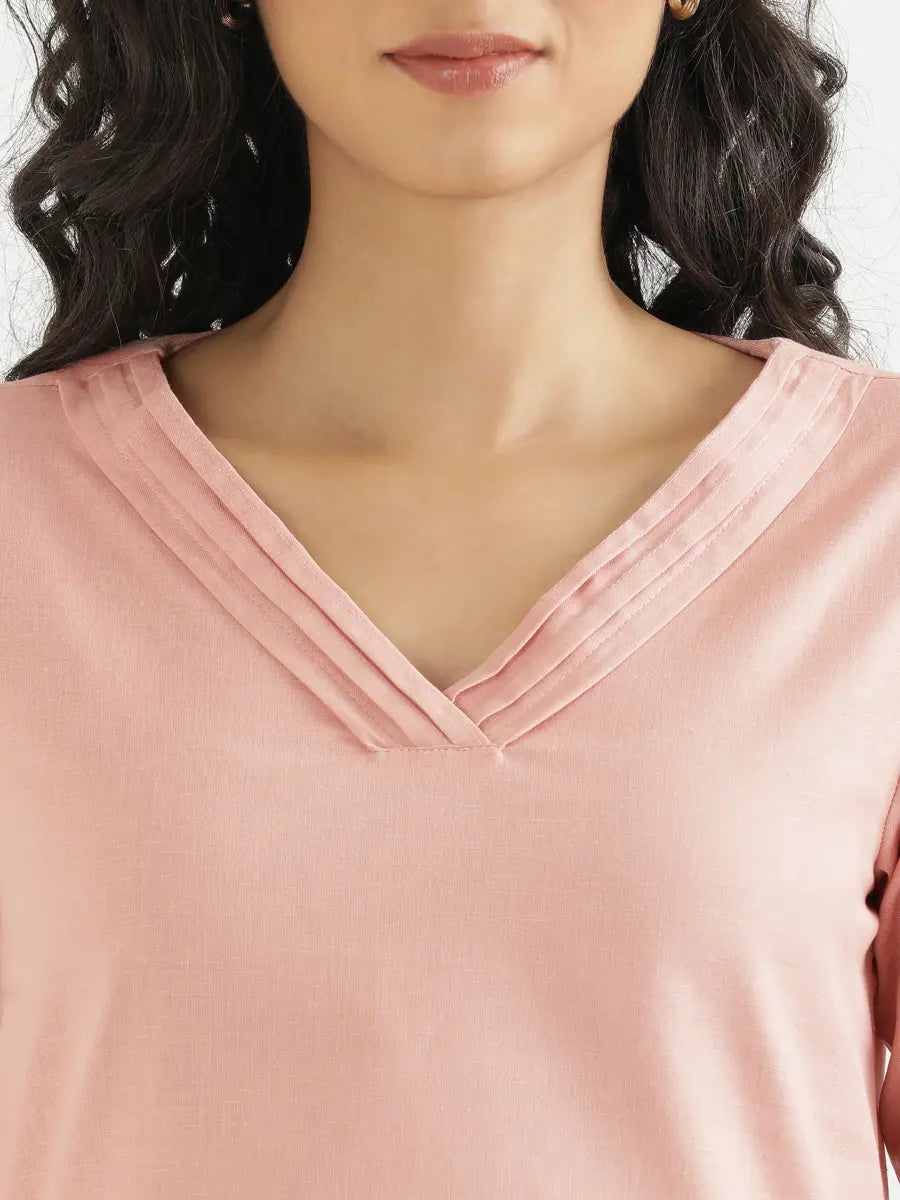 Women Salmon Pink Airy Linen V-Neck Short Kurta