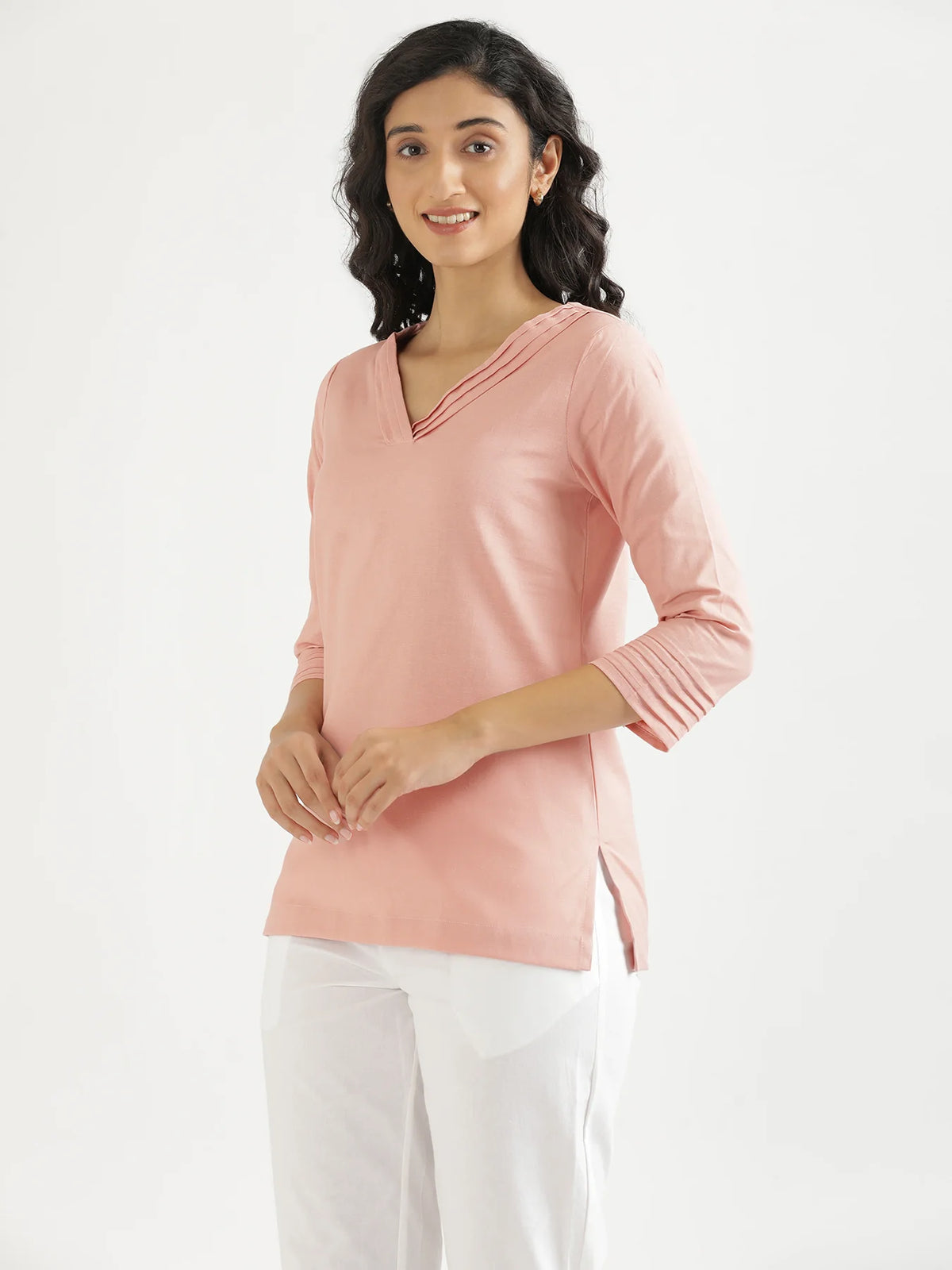 Women Salmon Pink Airy Linen V-Neck Short Kurta