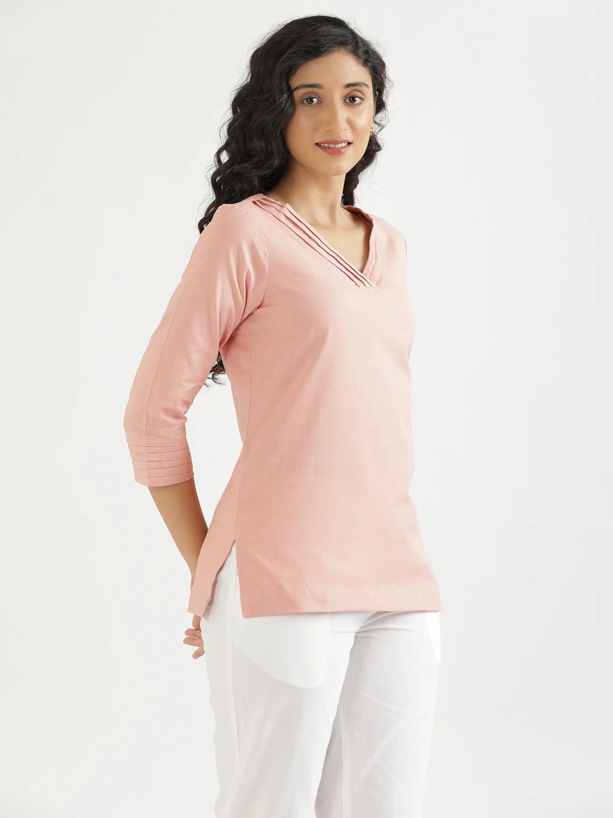 Women Salmon Pink Airy Linen V-Neck Short Kurta