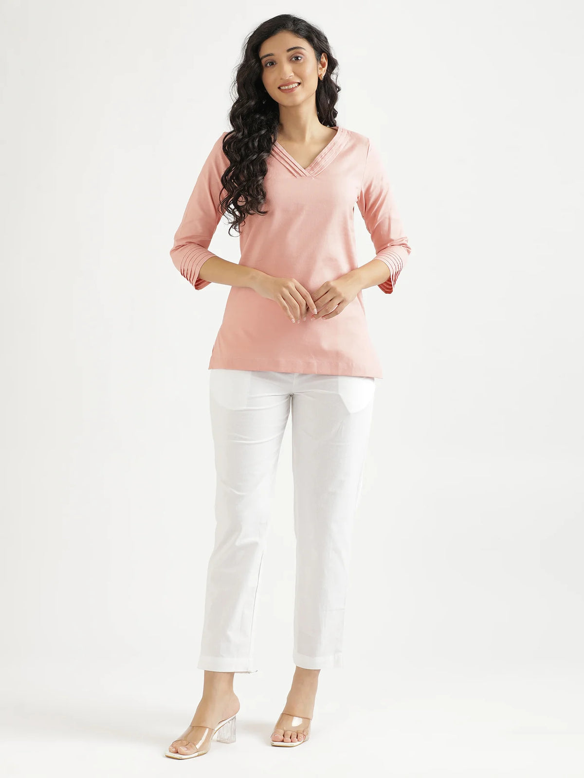 Women Salmon Pink Airy Linen V-Neck Short Kurta