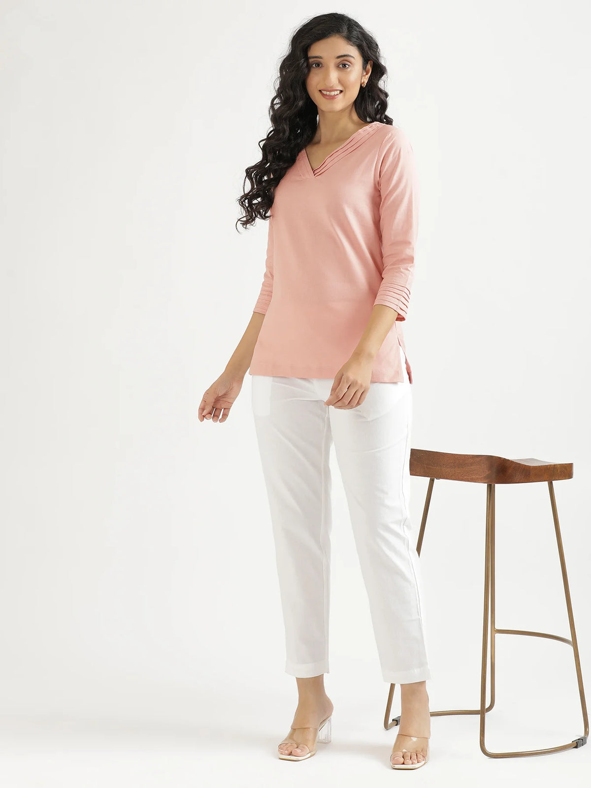 Women Salmon Pink Airy Linen V-Neck Short Kurta