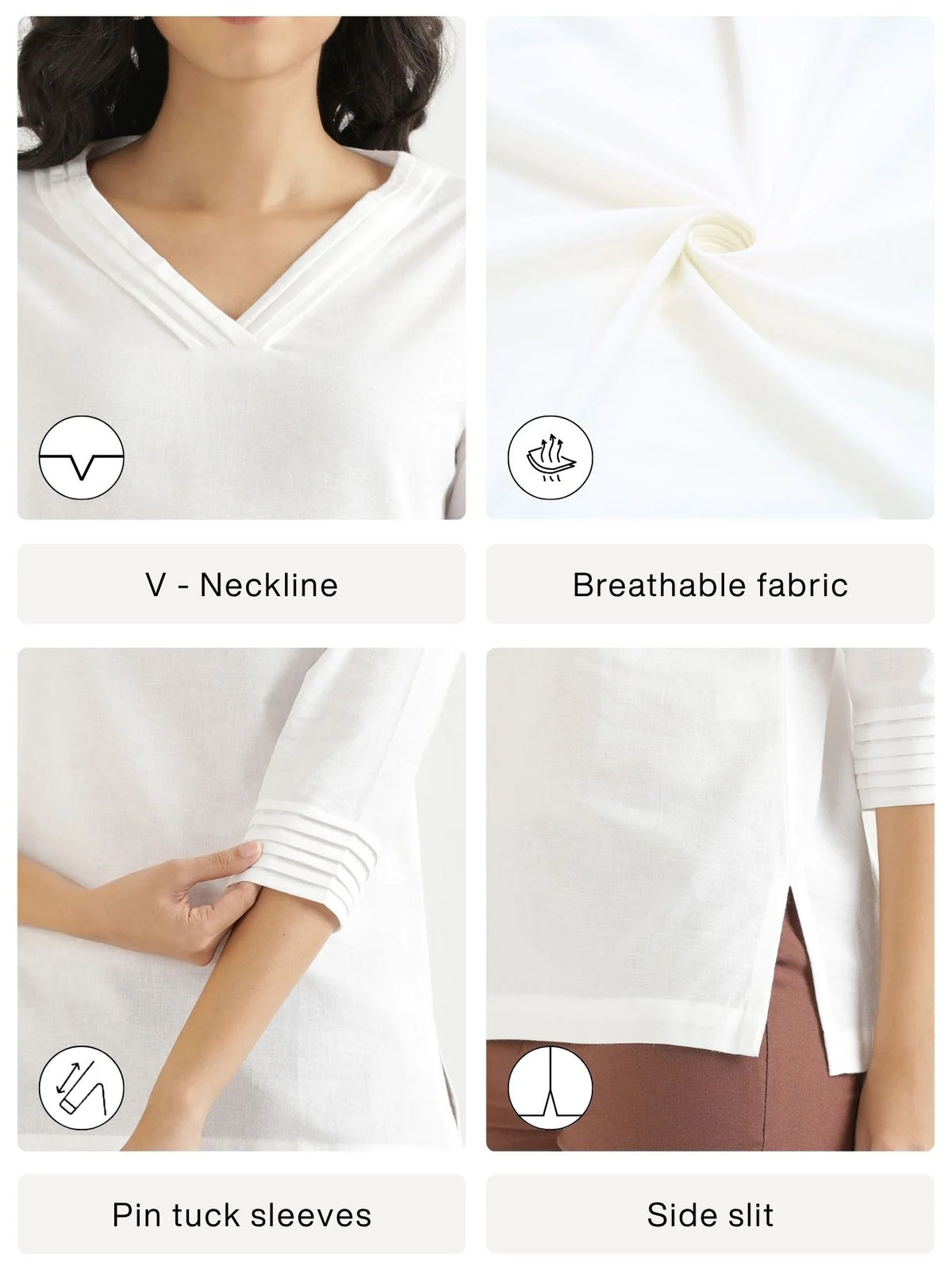 Women White Airy Linen V-Neck Short Kurta