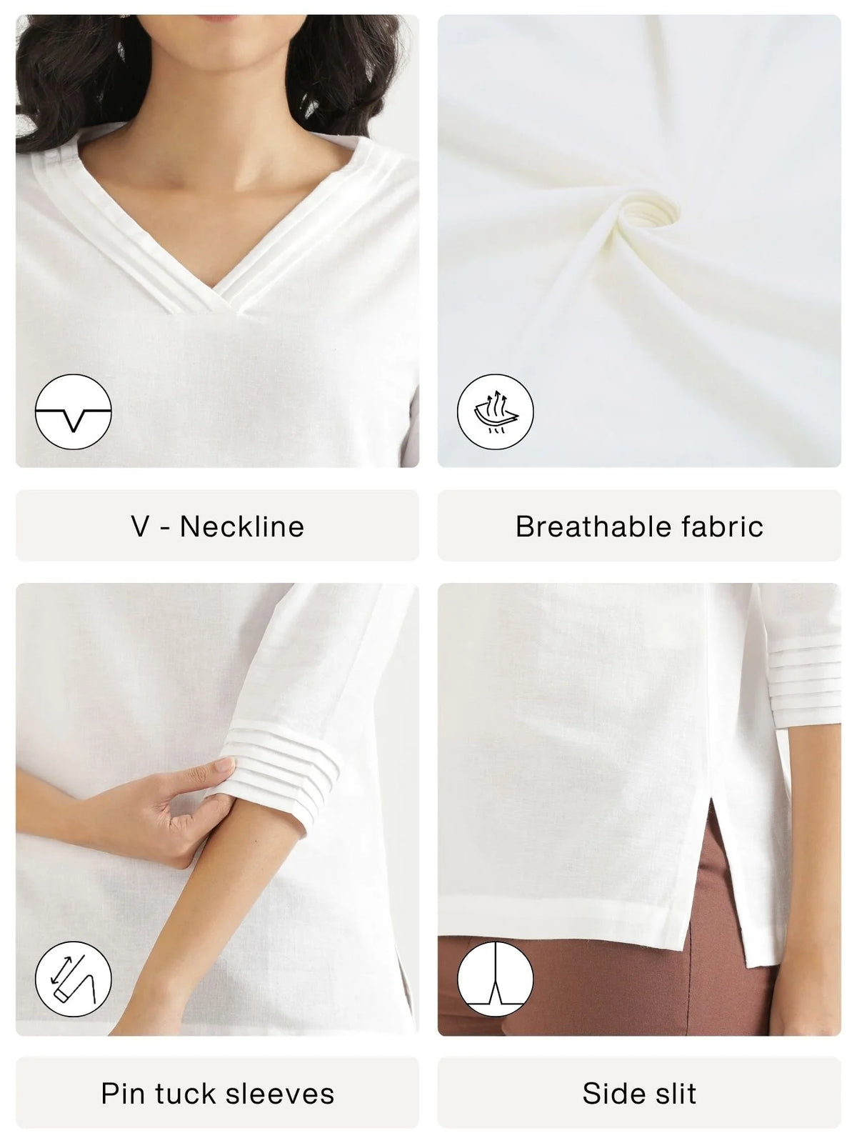 Women White Airy Linen V-Neck Short Kurta