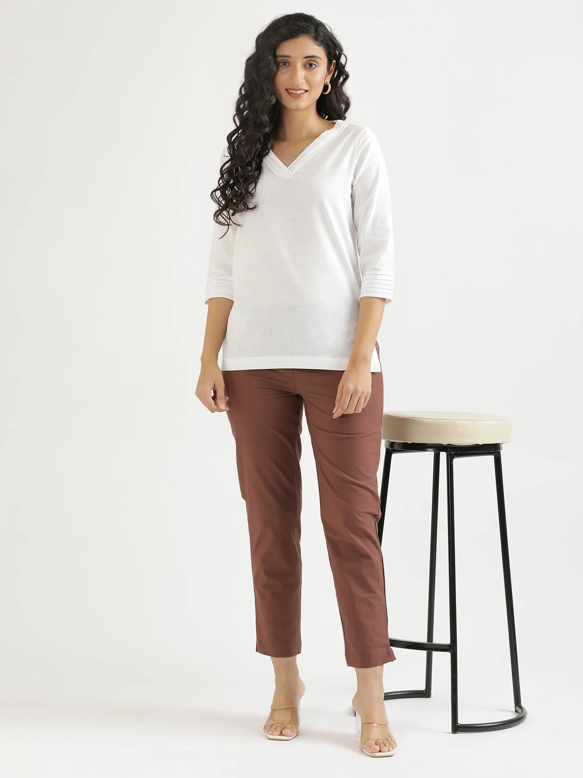 Women White Airy Linen V-Neck Short Kurta