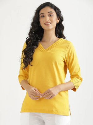 Women Yellow Airy Linen V-Neck Short Kurta