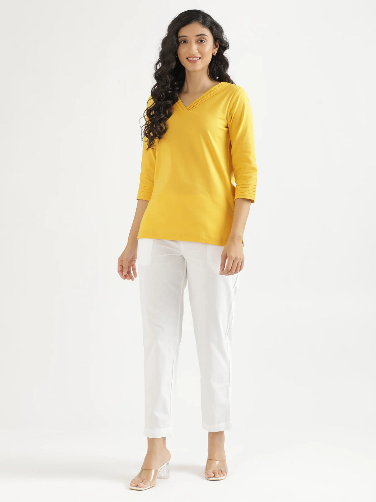 Women Yellow Airy Linen V-Neck Short Kurta
