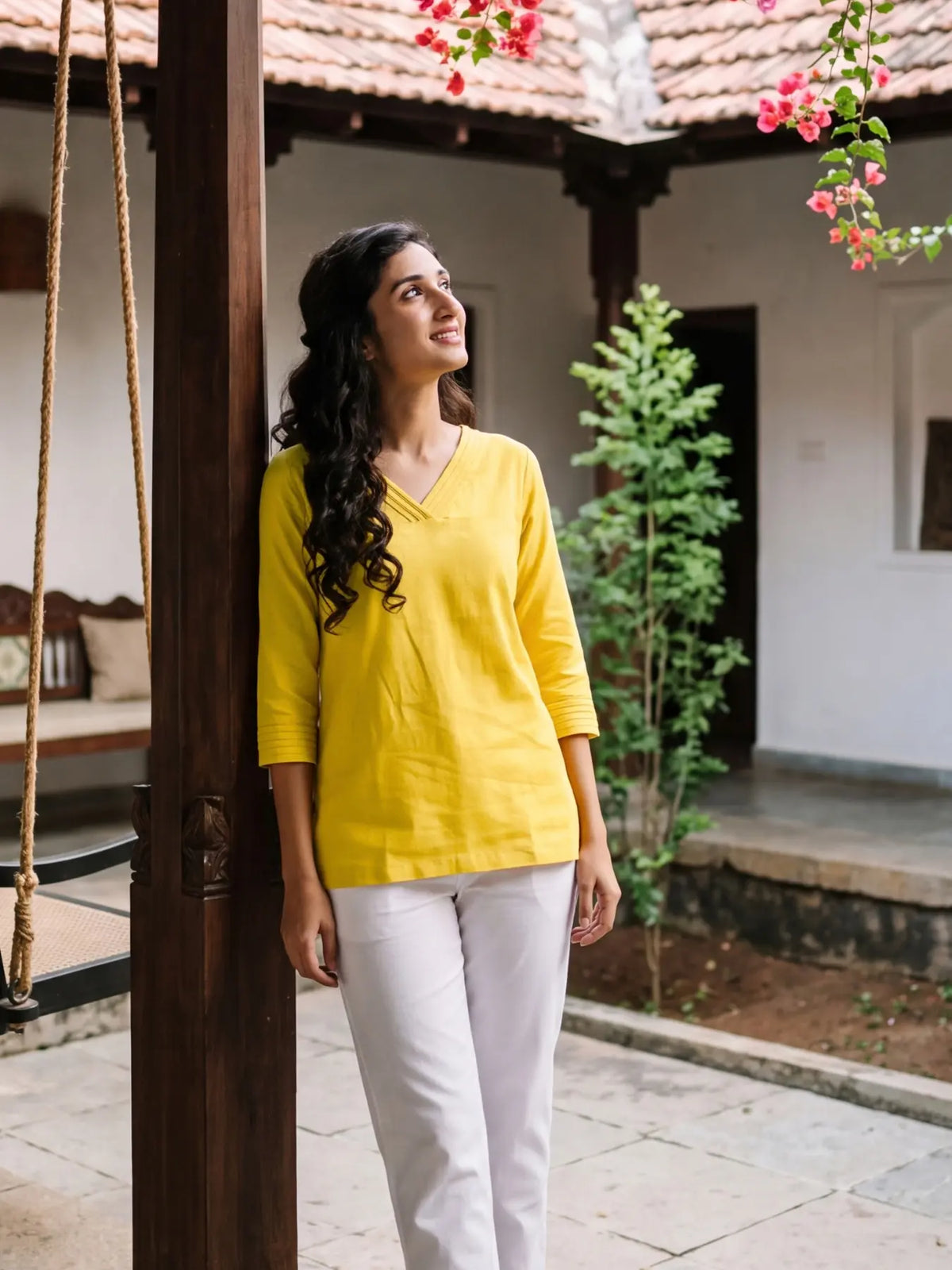 Women Yellow Airy Linen V-Neck Short Kurta