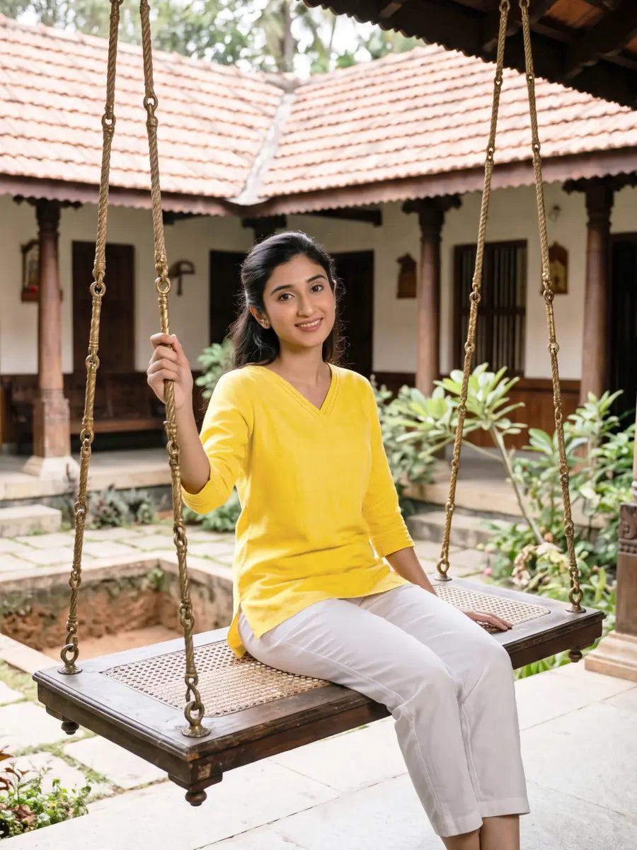 Women Yellow Airy Linen V-Neck Short Kurta