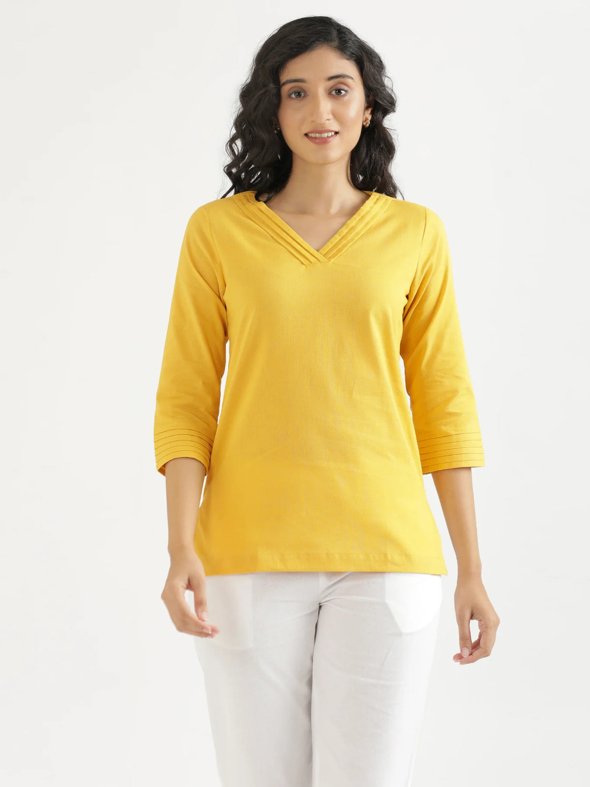Women Yellow Airy Linen V-Neck Short Kurta