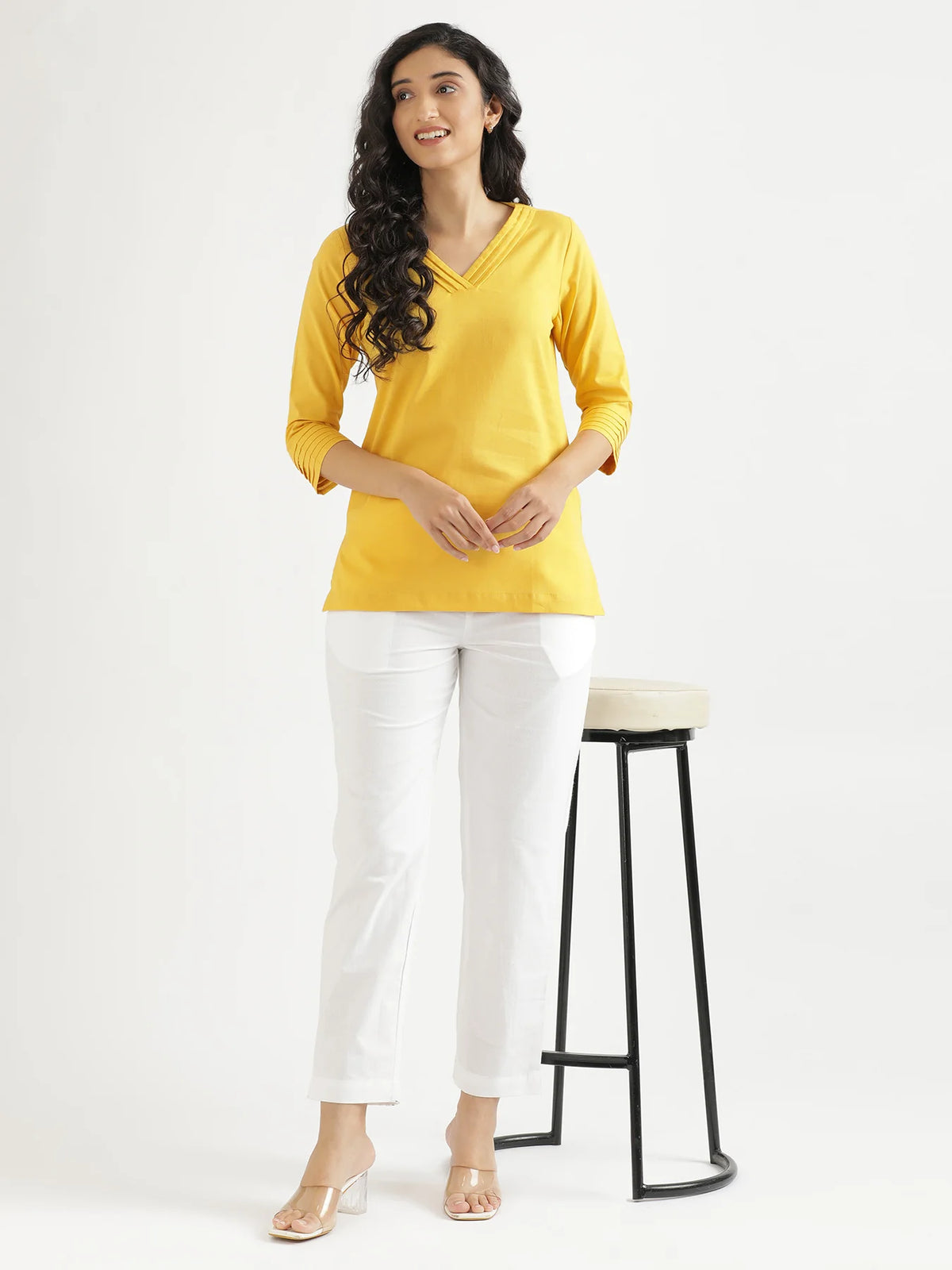 Women Yellow Airy Linen V-Neck Short Kurta