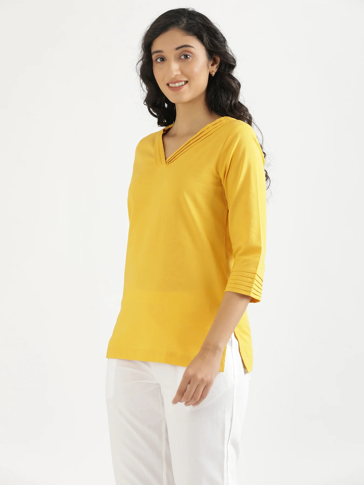 Women Yellow Airy Linen V-Neck Short Kurta