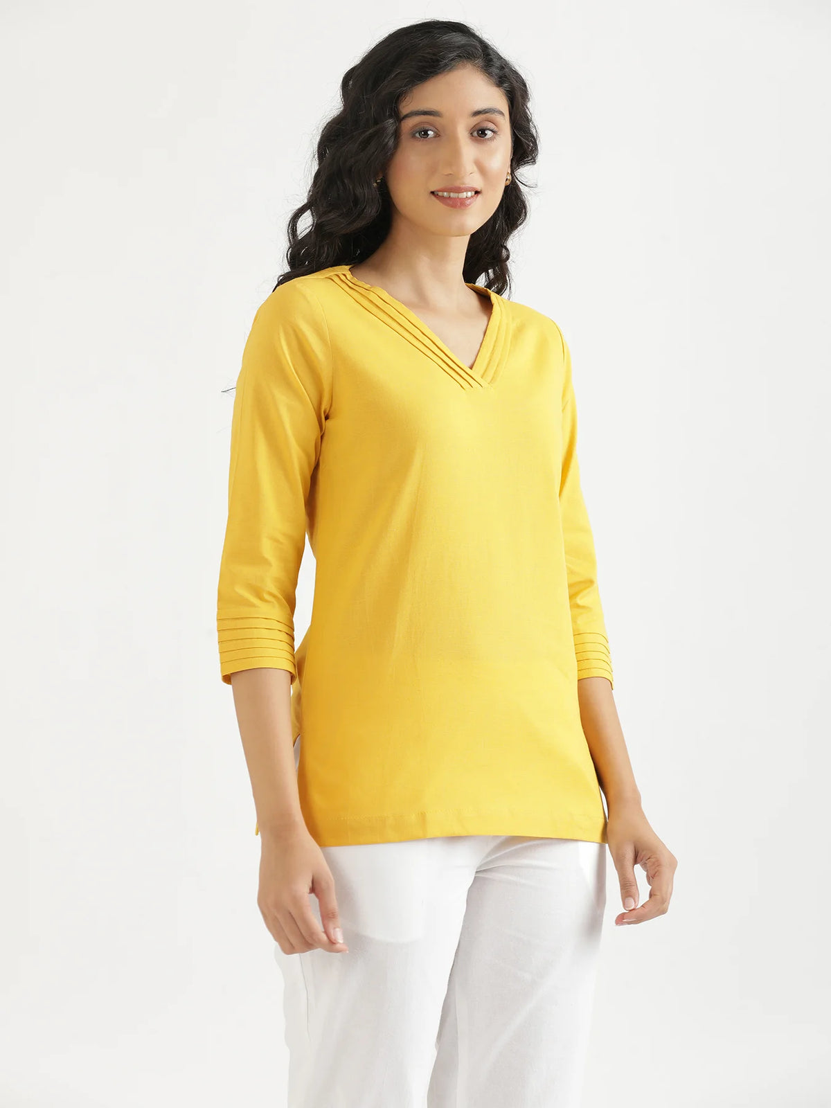 Women Yellow Airy Linen V-Neck Short Kurta
