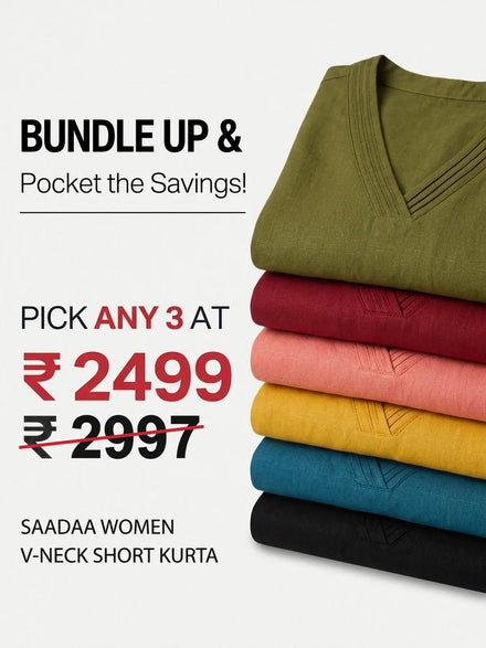 Pick Any 3 banner - Pick Any 3 Women Airy Linen V-Neck Short Kurta