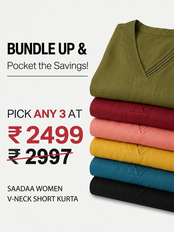 Pick Any 3 Women Airy Linen V-Neck Short Kurta