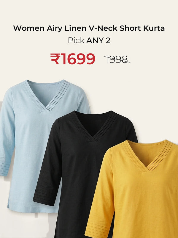 Pick Any 2 Women Airy Linen V-Neck Short Kurta