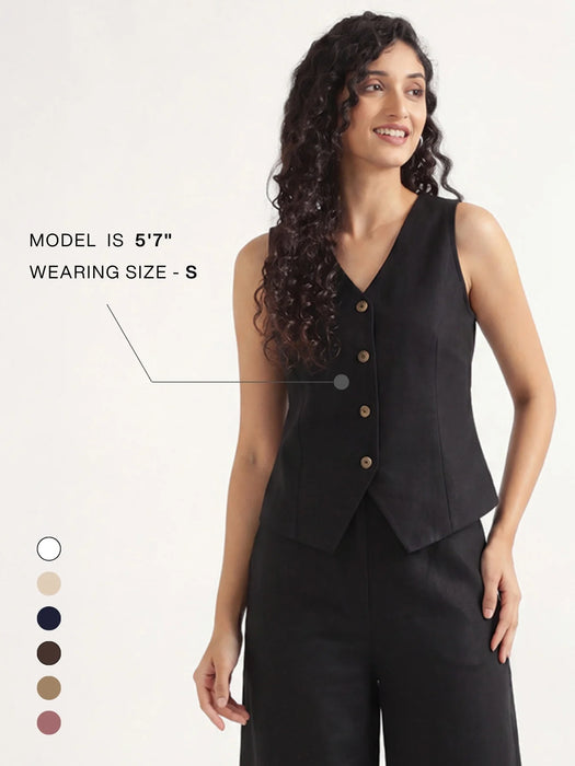 Women Black Airy Linen Waist Coat