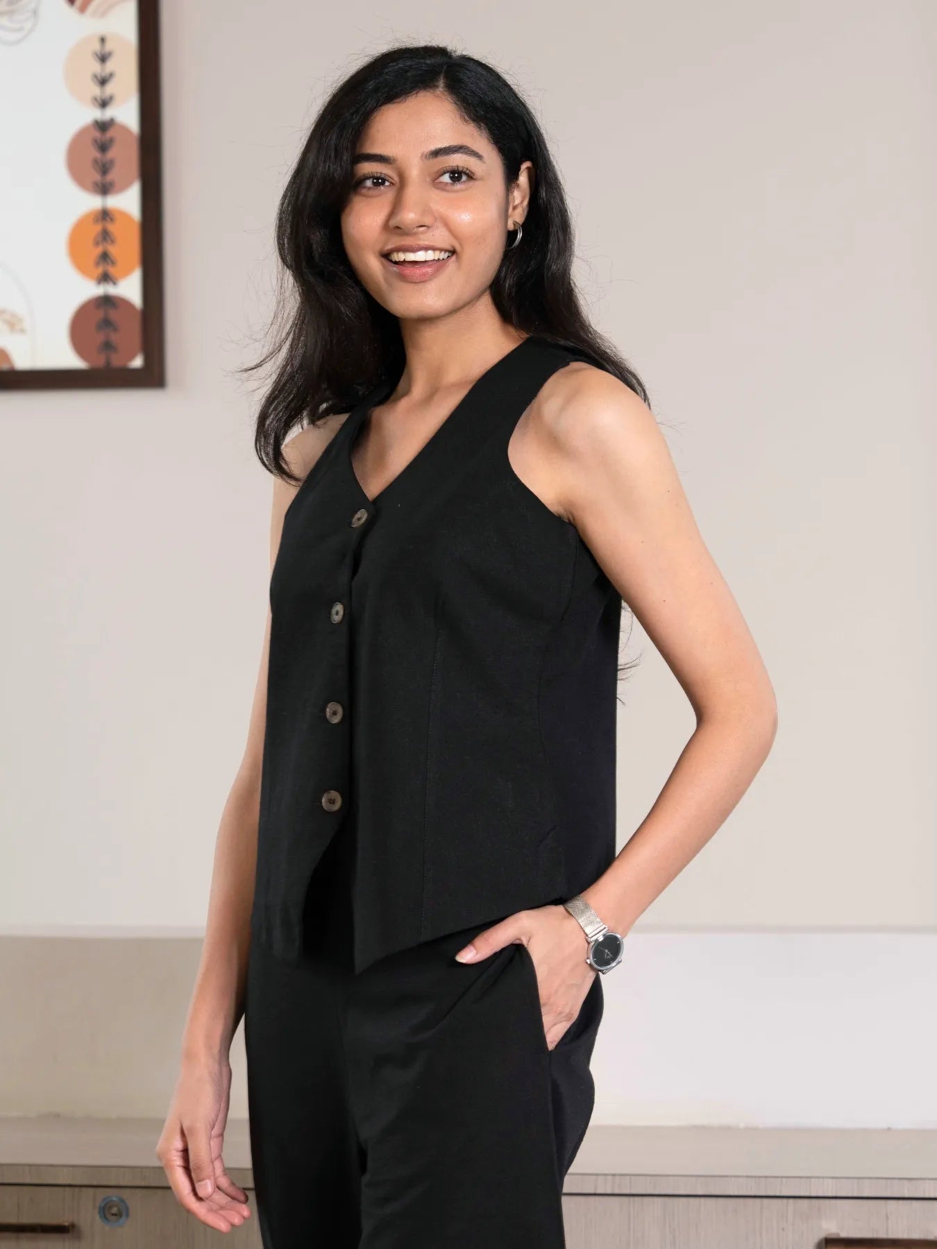 Women Black Airy Linen Waist Coat