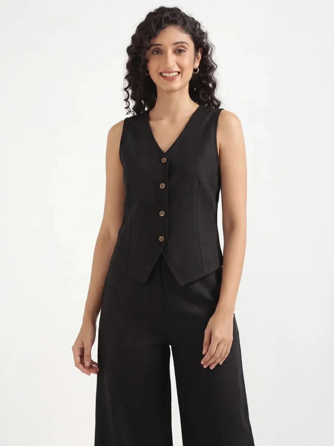 Women Black Airy Linen Waist Coat