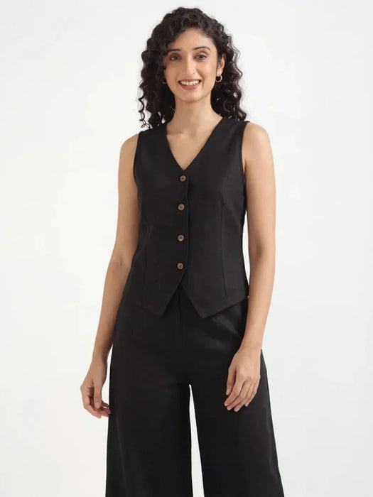 Women Black Airy Linen Waist Coat