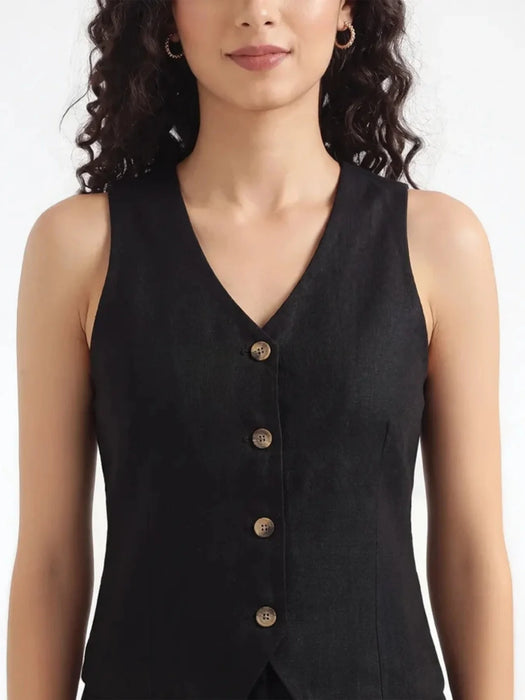 Women Black Airy Linen Waist Coat