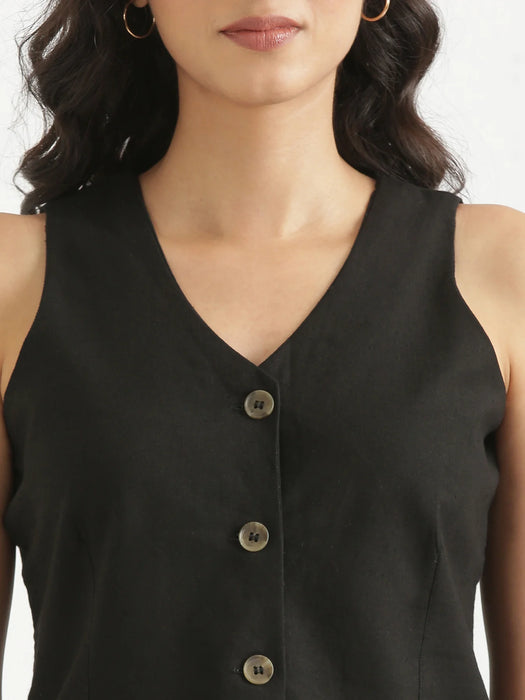 Women Black Airy Linen Waist Coat