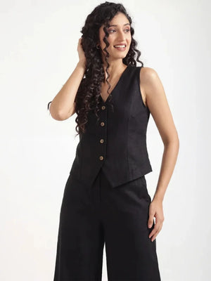 Women Black Airy Linen Waist Coat
