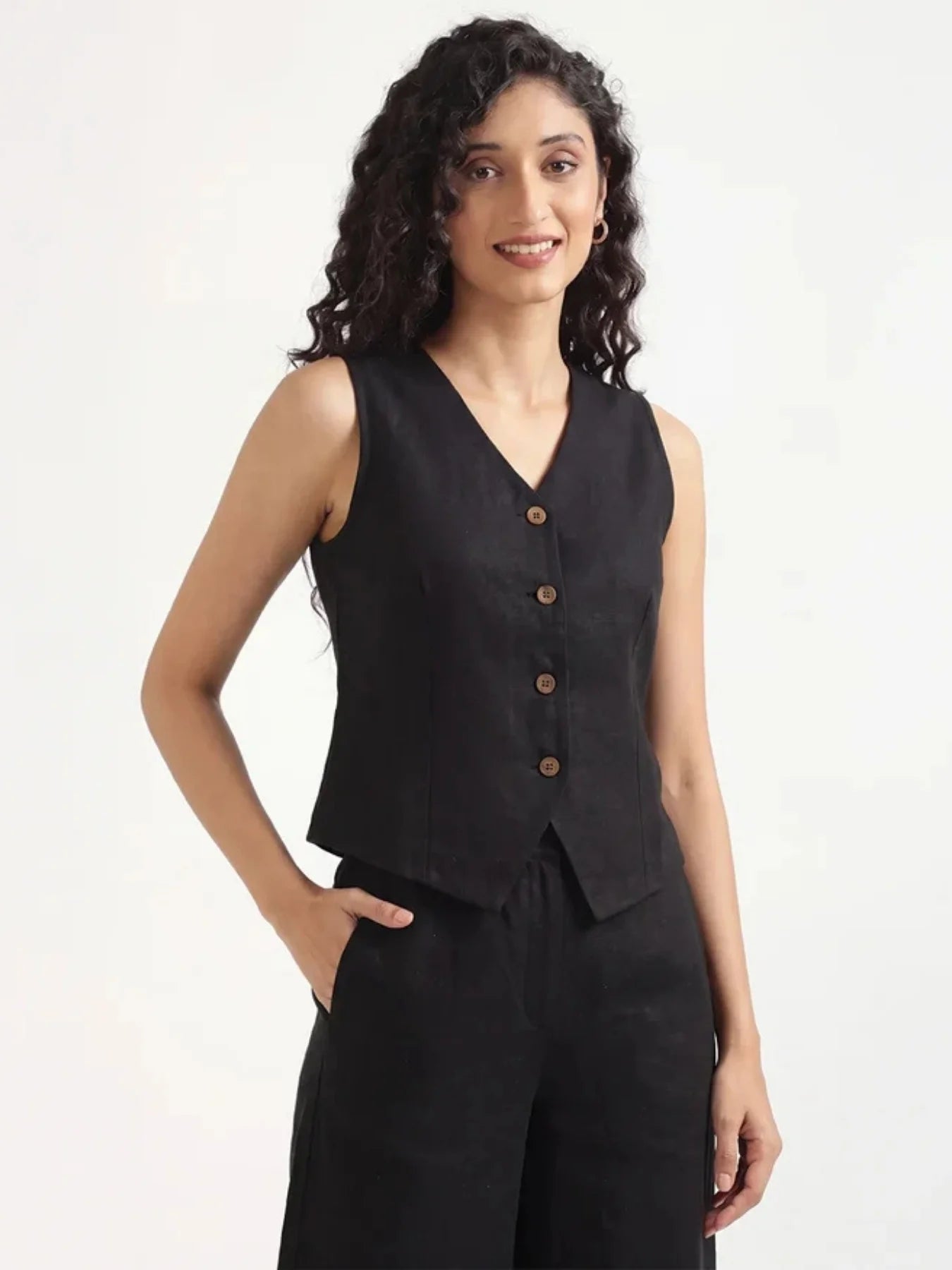 Women Black Airy Linen Waist Coat