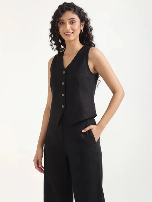 Women Black Airy Linen Waist Coat