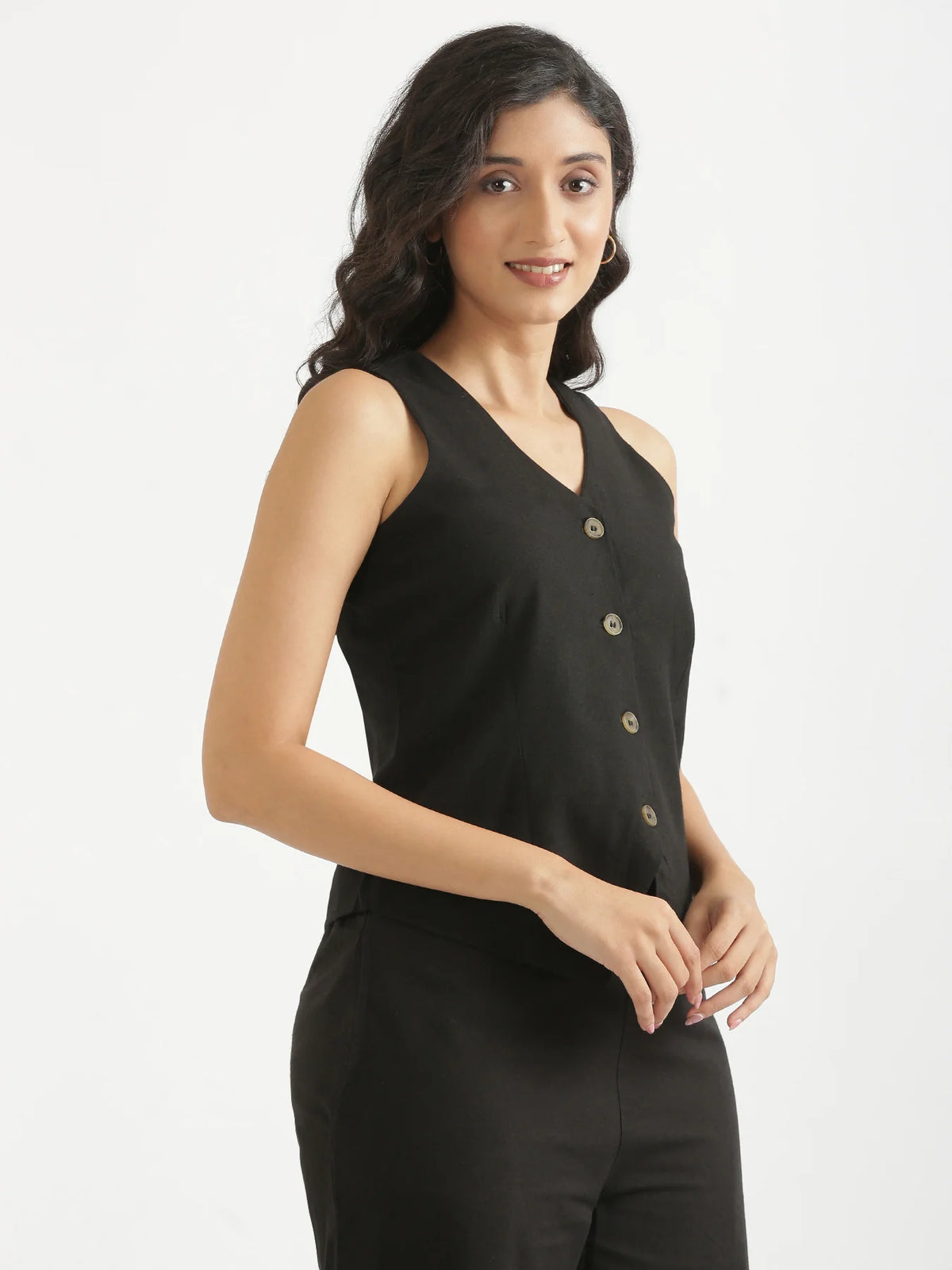 Women Black Airy Linen Waist Coat