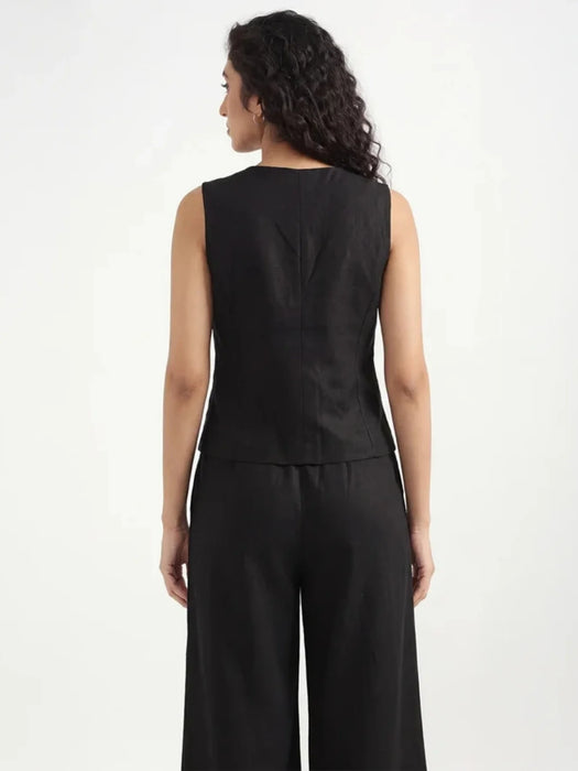 Women Black Airy Linen Waist Coat
