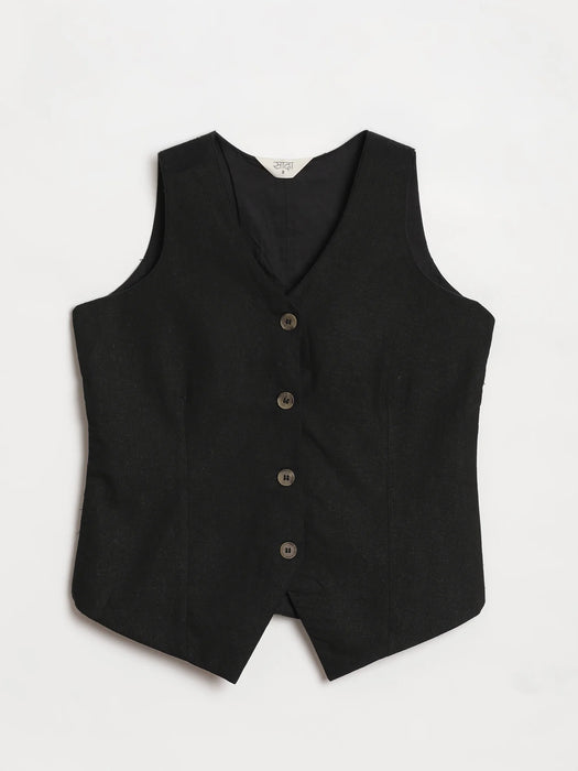 Women Black Airy Linen Waist Coat