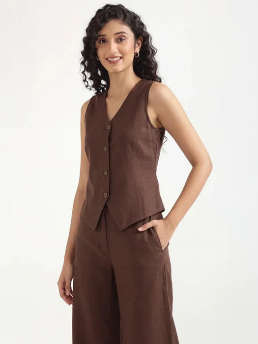 Women Dark Brown Airy Linen Waist Coat