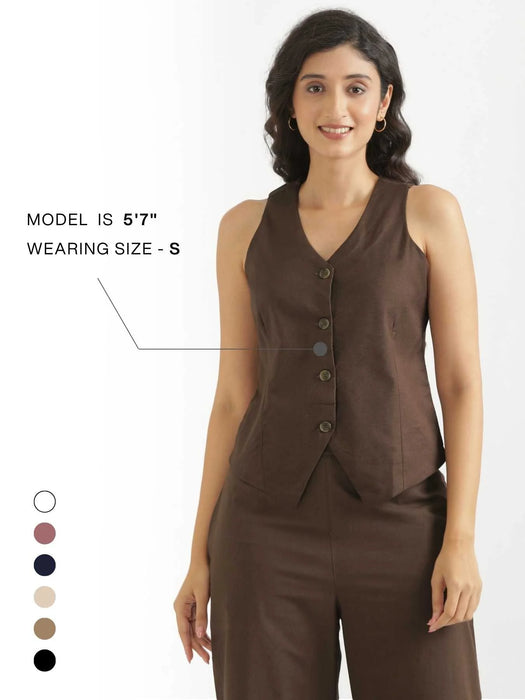 Women Dark Brown Airy Linen Waist Coat