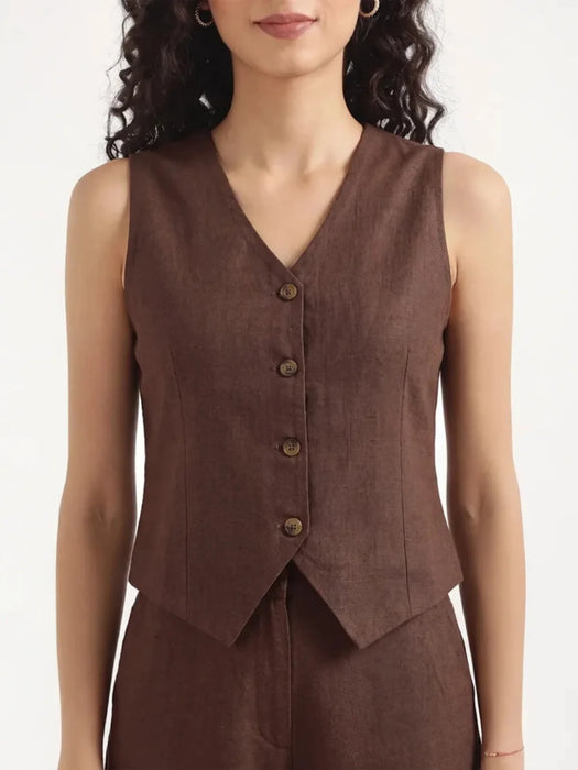 Women Dark Brown Airy Linen Waist Coat