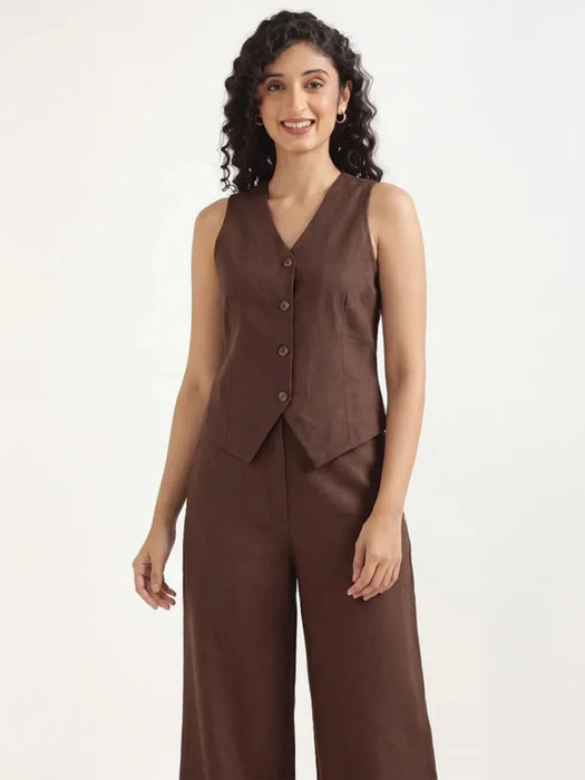 Women Dark Brown Airy Linen Waist Coat