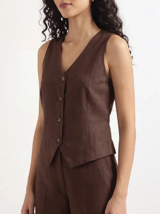 Women Dark Brown Airy Linen Waist Coat