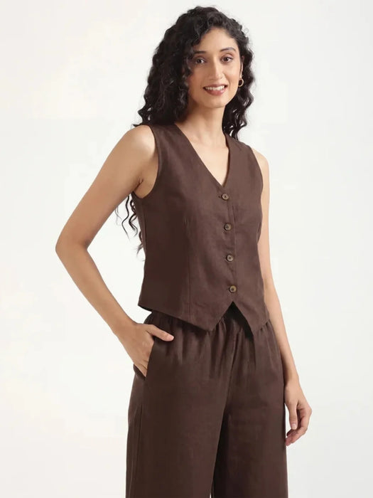Women Dark Brown Airy Linen Waist Coat