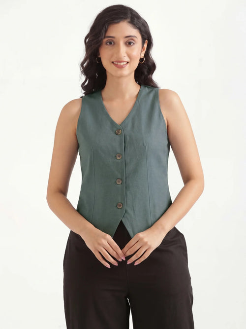 Women German Grey Airy Linen Waist Coat