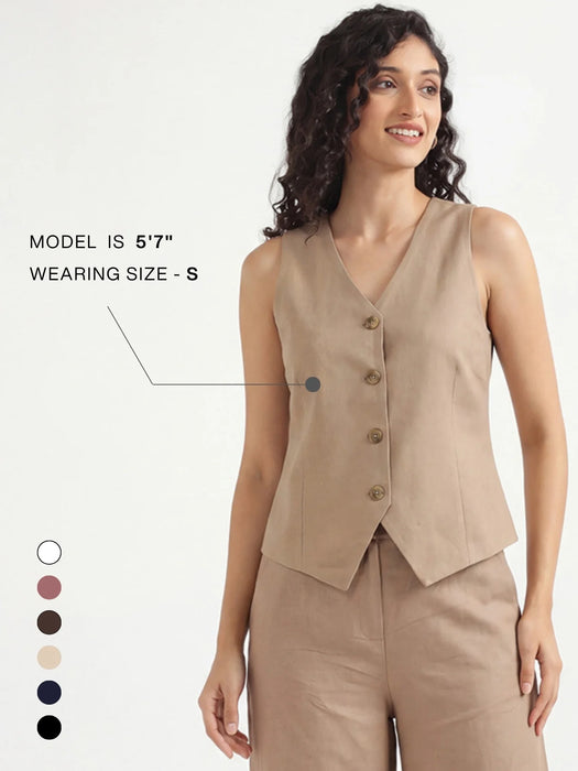 Women Khakhi Airy Linen Waist Coat