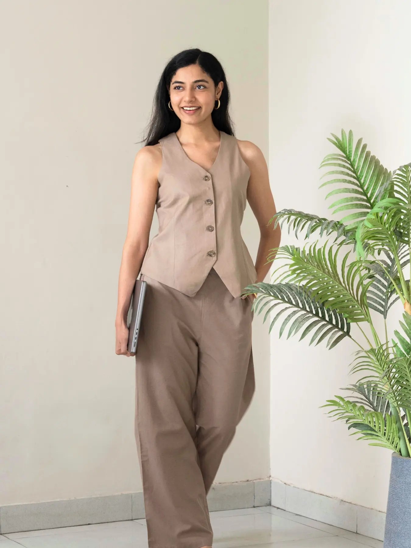 Women Khakhi Airy Linen Waist Coat