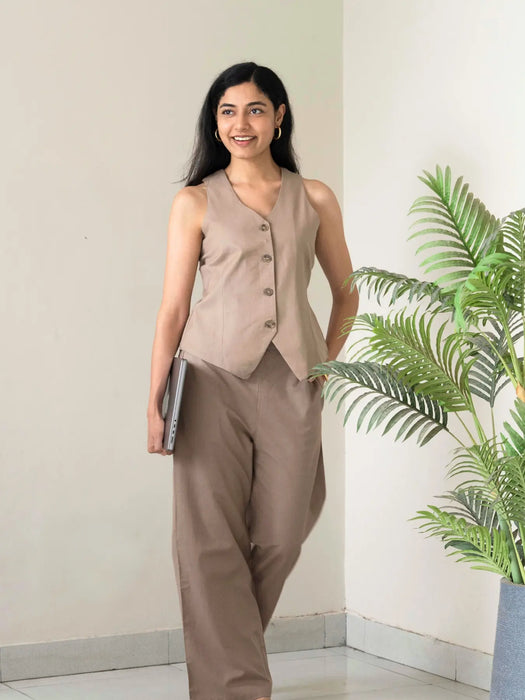 Women Khakhi Airy Linen Waist Coat
