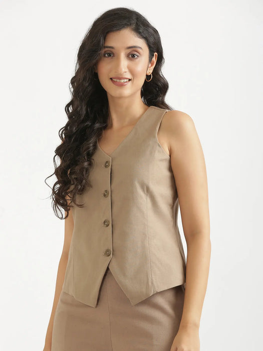 Women Khakhi Airy Linen Waist Coat