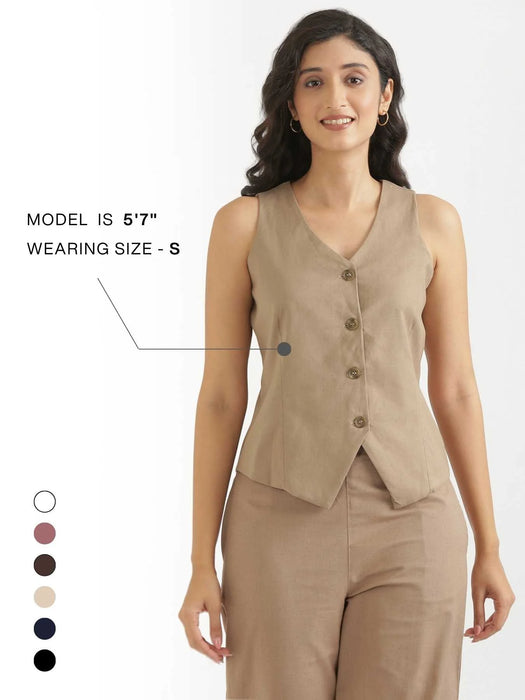 Women Khakhi Airy Linen Waist Coat