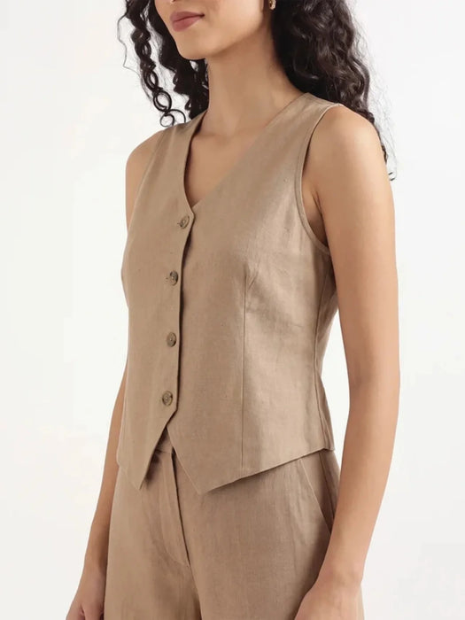 Women Khakhi Airy Linen Waist Coat