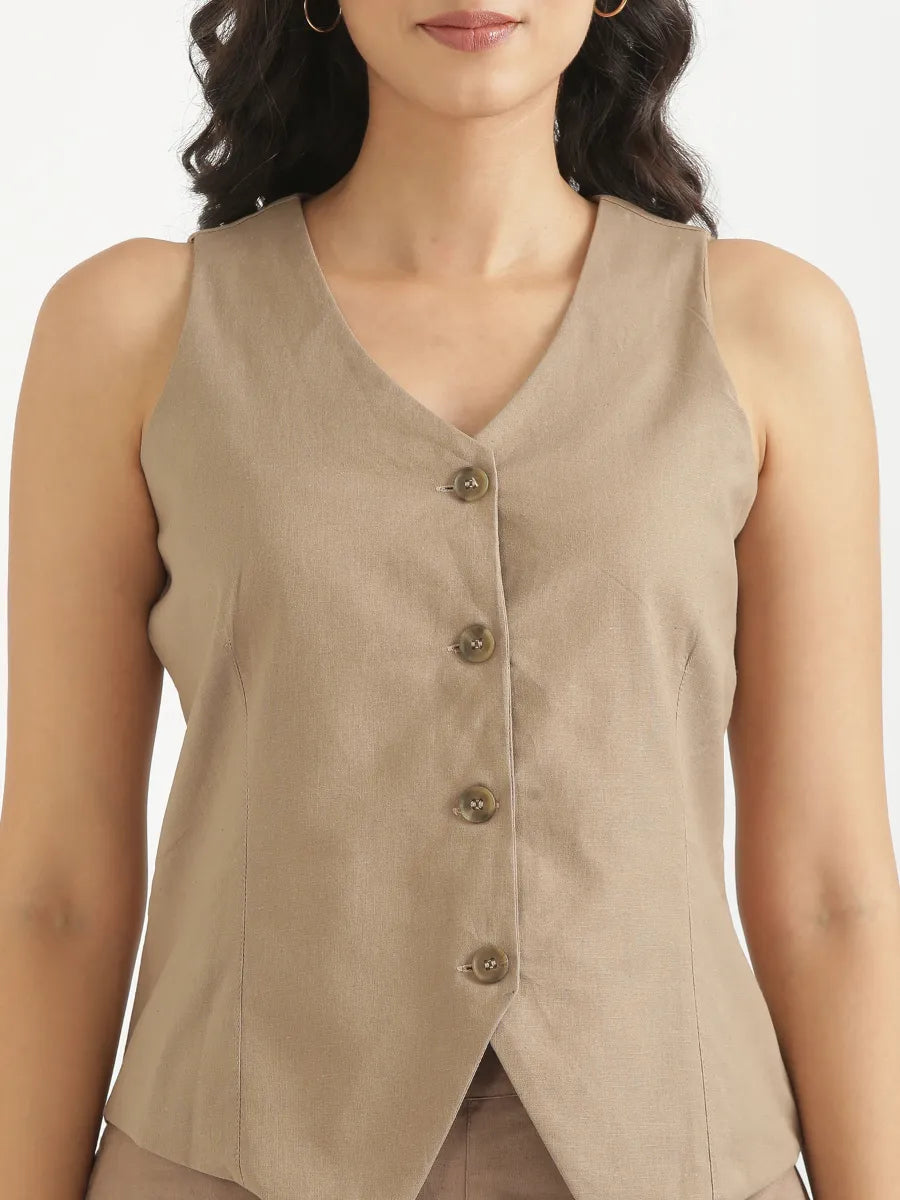 Women Khakhi Airy Linen Waist Coat