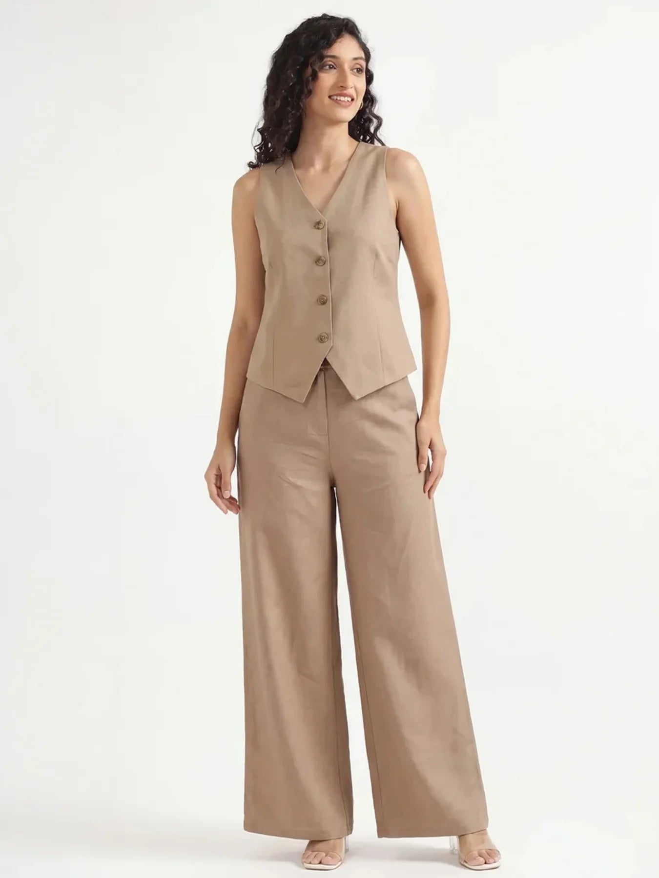 Women Khakhi Airy Linen Waist Coat