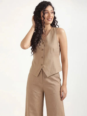 Women Khakhi Airy Linen Waist Coat