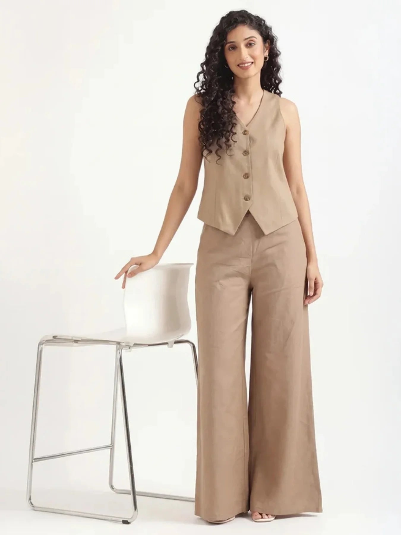 Women Khakhi Airy Linen Waist Coat