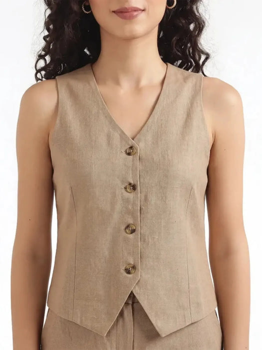 Women Khakhi Airy Linen Waist Coat