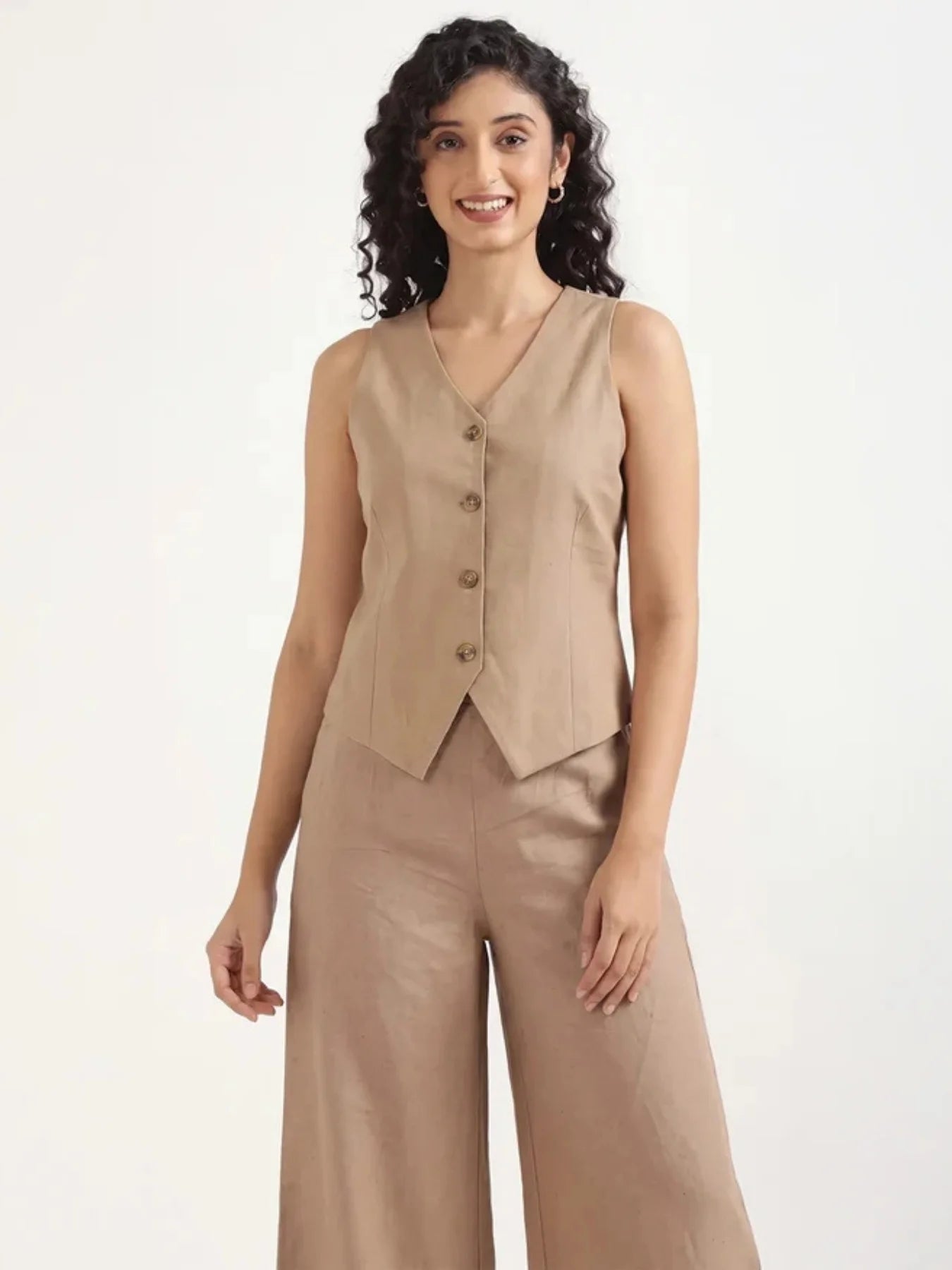 Women Khakhi Airy Linen Waist Coat